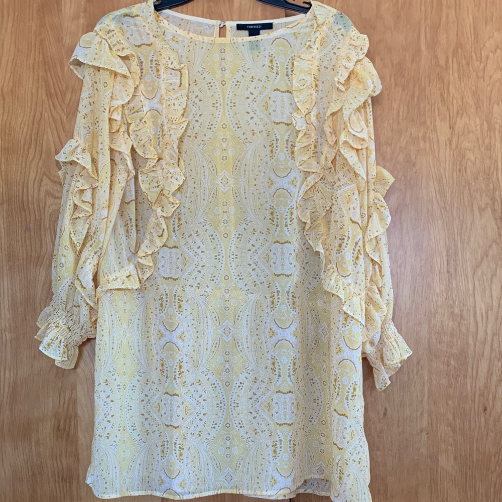 Ethereal Sheer Ruffled Forever 21 Sunlit Yellow Paisley Patterned Mini Dress szM